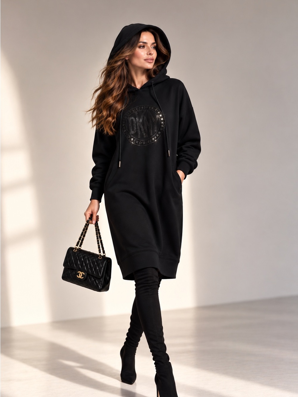DKNY Black Midi Hoodie Dress with Logo Embellishment